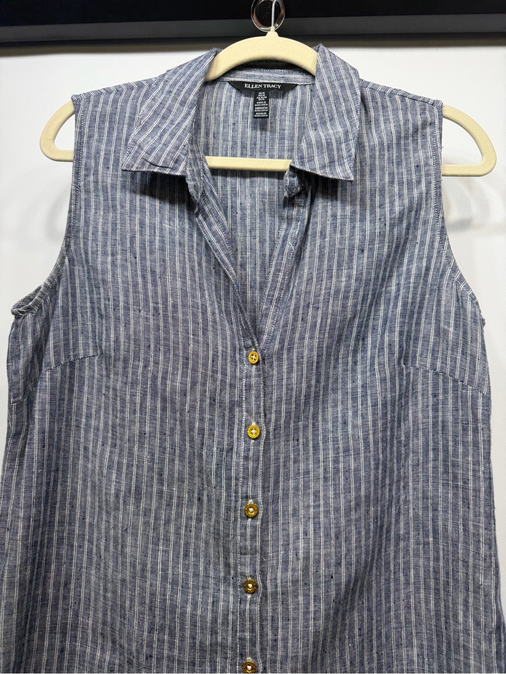 Ellen Tracy 100% Linen Sleeveless Button Front Top Medium Blue Stripe - Picture 5 of 12